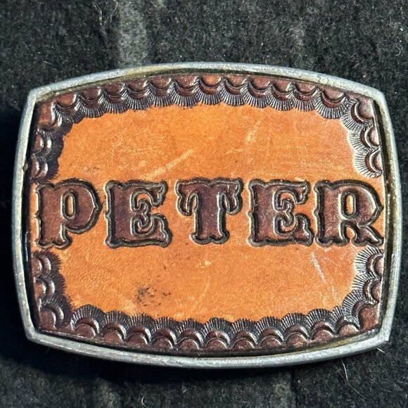 Peter Leather & Metal Western Belt Buckle Brown Silver Cowboy Style - Picture 1 of 2